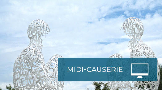 Midi causerie - sculpture représentant deux personnes, composées de lettres, qui se regardent.