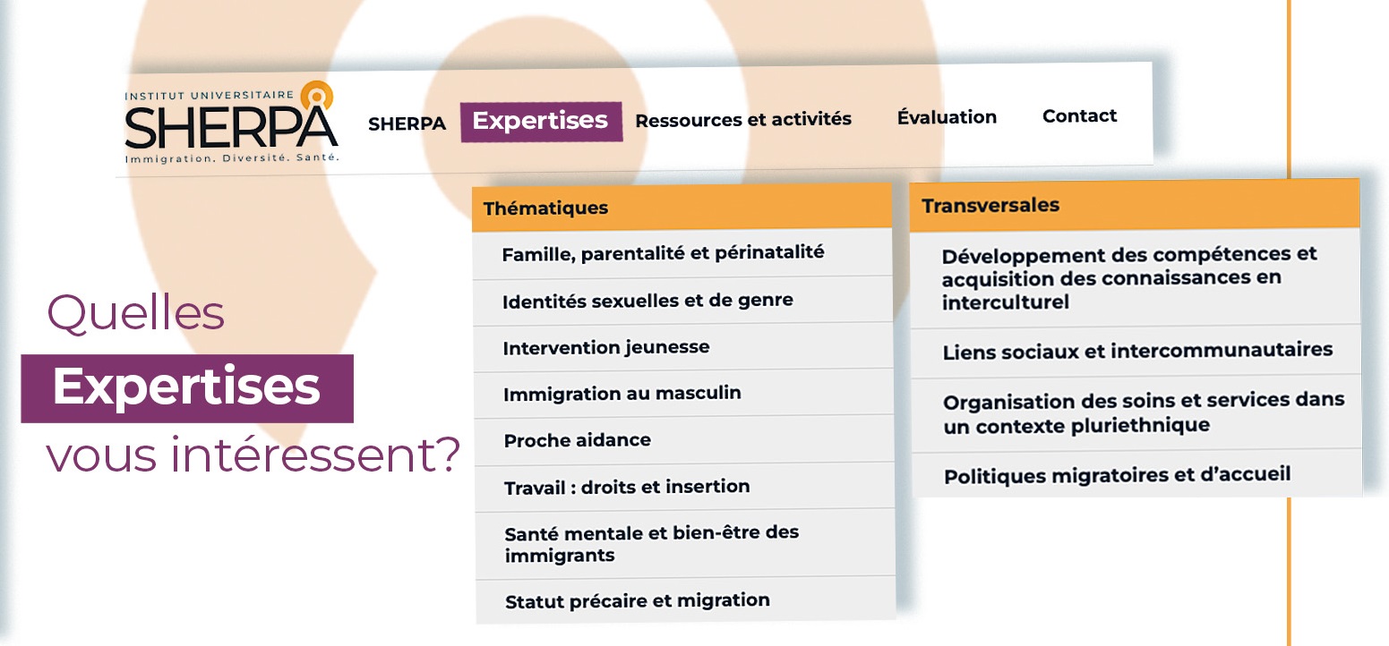 Quelles expertises vous intéressent? Thématiques : Famille, parentalité et périnatalité, Identités sexuelles et de genre, Intervention jeunesse, Immigration au masculin, Proche aidance, Travail, droits et insertion, Santé mentale et bien-être des immigrants, statut précaire et migration, Transversales : Développement des compétences et acquisition des connaissances en interculturel, Liens sociaux et intercommunautaires, Organisation des soins et services dans un contexte pluriethnique, Politiques migratoires et d'accueil